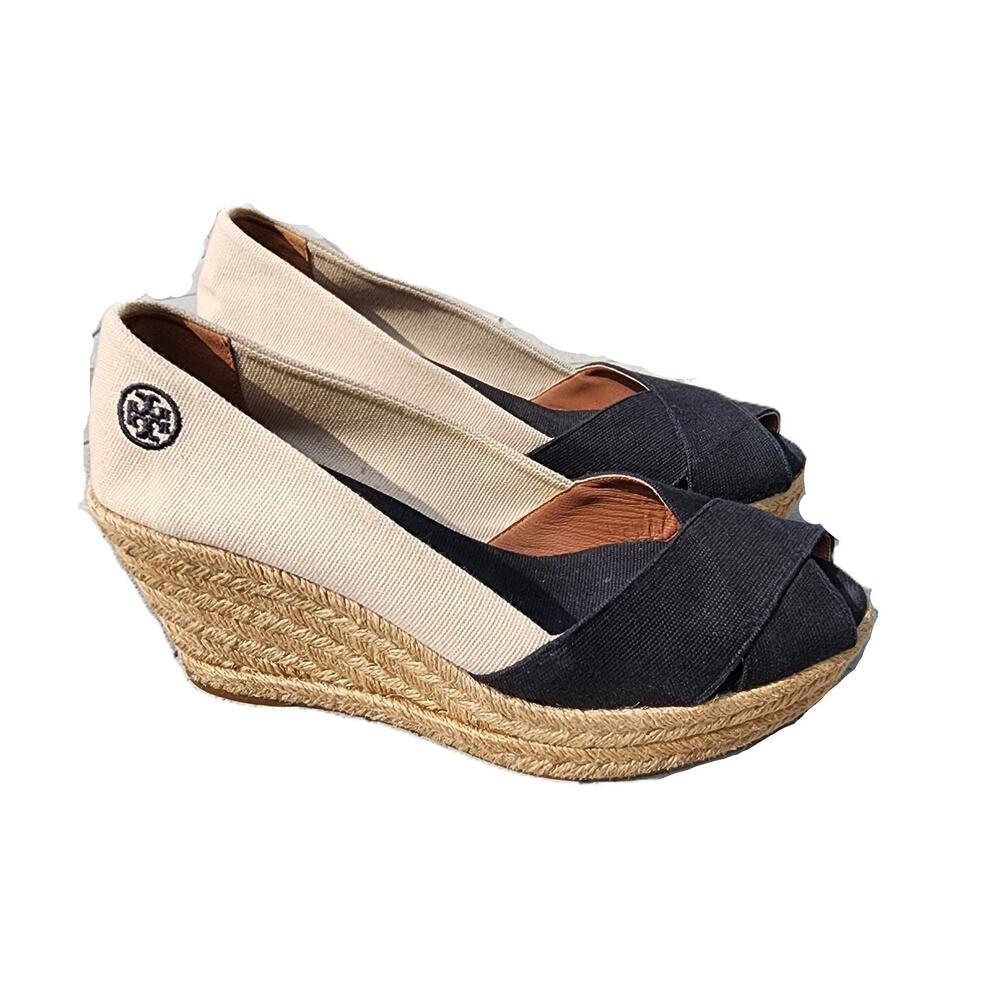 Tory Burch Filipa Canvas Peep Toe Espadrille Wedges 9 - Picture 2 of 10